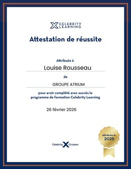 Attestation de réussite, programme de formation Celebrity Learning, Louise Rousseau