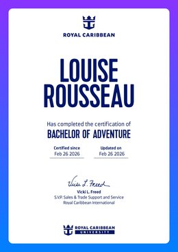Certificat Bachelor of Adventure de Louise Rousseau, Royal Caribbean