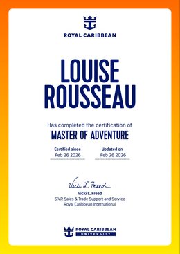 Certificat Master of Adventure de Louise Rousseau, Royal Caribbean
